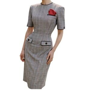 Vintage 1980s Sunshine Starshine Plaid Sheath Dress Pocket Detail Midi